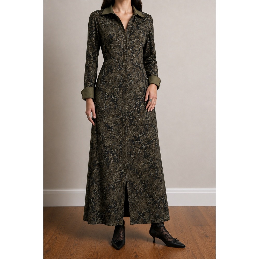 Vintage 90s Green Floral Paisley Maxi Shirtdress 14 Whimsigoth Boho Academia